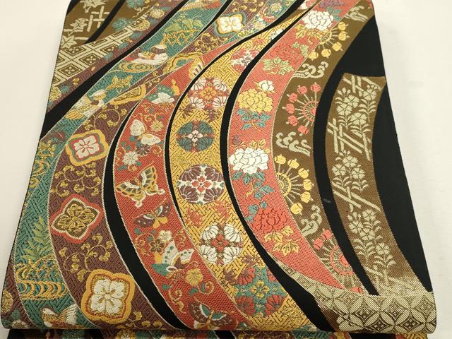 平和屋本店▼六通柄袋帯　唐織　飛鶴花蝶文　黒地　本金箔　正絹　逸品　DABJ6077sf