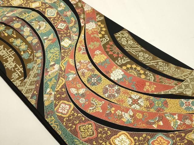 平和屋本店▼六通柄袋帯　唐織　飛鶴花蝶文　黒地　本金箔　正絹　逸品　DABJ6077sf