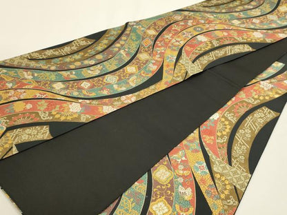 平和屋本店▼六通柄袋帯　唐織　飛鶴花蝶文　黒地　本金箔　正絹　逸品　DABJ6077sf