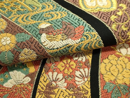 平和屋本店▼六通柄袋帯　唐織　飛鶴花蝶文　黒地　本金箔　正絹　逸品　DABJ6077sf