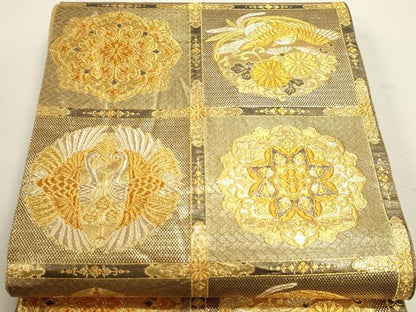 平和屋本店▼六通柄袋帯　双鶴正倉院花文　本金箔　正絹　逸品　DABJ6079sf