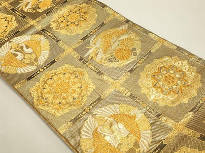 平和屋本店▼六通柄袋帯　双鶴正倉院花文　本金箔　正絹　逸品　DABJ6079sf