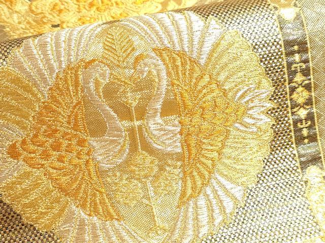 平和屋本店▼六通柄袋帯　双鶴正倉院花文　本金箔　正絹　逸品　DABJ6079sf