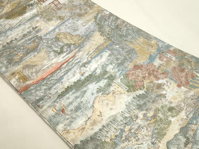 平和屋本店▼西陣あさぎ　両面　全通全景柄袋帯　六十余州名勝図會庚重名作業　24金プラチナ二重箔　正絹　逸品　DABJ6091sf
