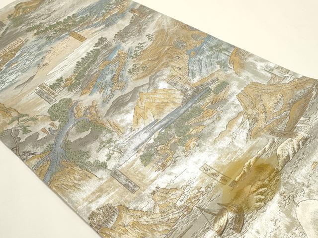 平和屋本店▼西陣あさぎ　両面　全通全景柄袋帯　六十余州名勝図會庚重名作業　24金プラチナ二重箔　正絹　逸品　DABJ6091sf