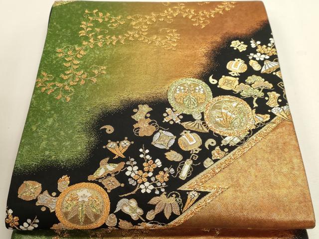平和屋本店▼六通柄袋帯　宝尽くし文　松竹梅　黒地　本金箔　正絹　逸品　DABJ6094sf