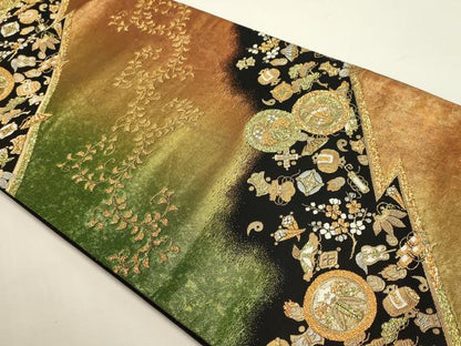 平和屋本店▼六通柄袋帯　宝尽くし文　松竹梅　黒地　本金箔　正絹　逸品　DABJ6094sf