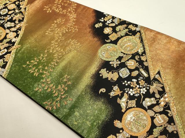 平和屋本店▼六通柄袋帯　宝尽くし文　松竹梅　黒地　本金箔　正絹　逸品　DABJ6094sf