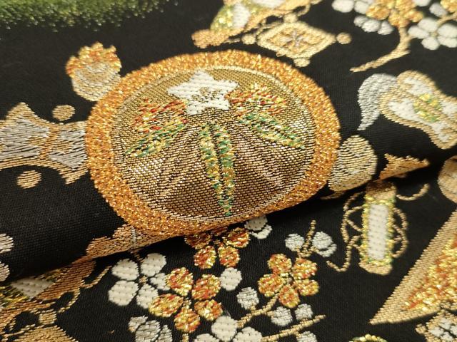 平和屋本店▼六通柄袋帯　宝尽くし文　松竹梅　黒地　本金箔　正絹　逸品　DABJ6094sf