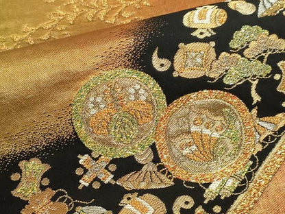 平和屋本店▼六通柄袋帯　宝尽くし文　松竹梅　黒地　本金箔　正絹　逸品　DABJ6094sf