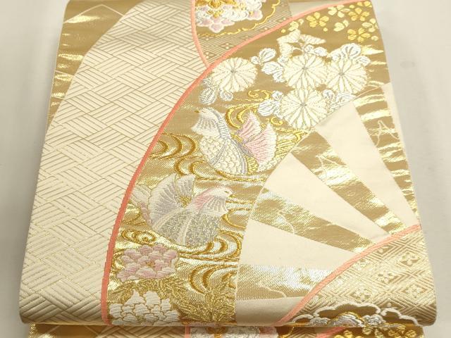 平和屋本店▼六通柄袋帯　唐織　源氏車花鳥文　純金箔　24Ｋ　正絹　逸品　DABJ6095sf