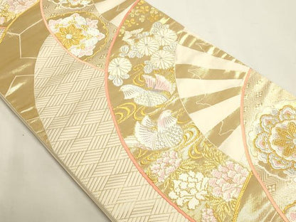 平和屋本店▼六通柄袋帯　唐織　源氏車花鳥文　純金箔　24Ｋ　正絹　逸品　DABJ6095sf