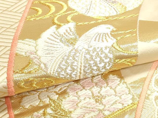 平和屋本店▼六通柄袋帯　唐織　源氏車花鳥文　純金箔　24Ｋ　正絹　逸品　DABJ6095sf