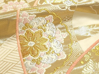 平和屋本店▼六通柄袋帯　唐織　源氏車花鳥文　純金箔　24Ｋ　正絹　逸品　DABJ6095sf