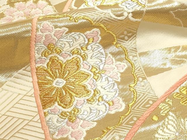 平和屋本店▼六通柄袋帯　唐織　源氏車花鳥文　純金箔　24Ｋ　正絹　逸品　DABJ6095sf
