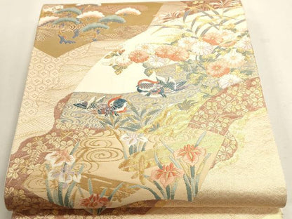 平和屋本店▼六通柄袋帯　唐織　扇面鴛鴦文　本金二重箔　正絹　逸品　DABJ6096sf