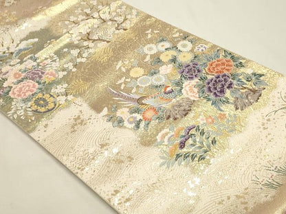 平和屋本店▼六通柄袋帯　唐織　花車流水雉　九百本金弐重箔　正絹　逸品　DABJ6099sf