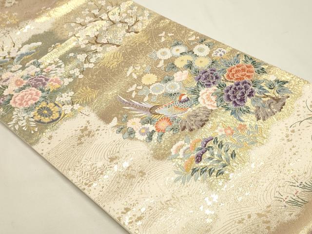 平和屋本店▼六通柄袋帯　唐織　花車流水雉　九百本金弐重箔　正絹　逸品　DABJ6099sf