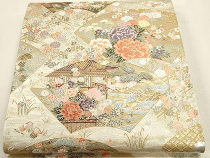 平和屋本店▼六通柄袋帯　唐織　扇面花園絵巻　本金箔　正絹　逸品　DABJ6109sf