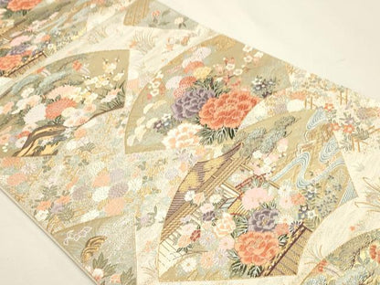 平和屋本店▼六通柄袋帯　唐織　扇面花園絵巻　本金箔　正絹　逸品　DABJ6109sf