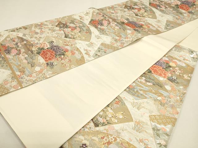 平和屋本店▼六通柄袋帯　唐織　扇面花園絵巻　本金箔　正絹　逸品　DABJ6109sf
