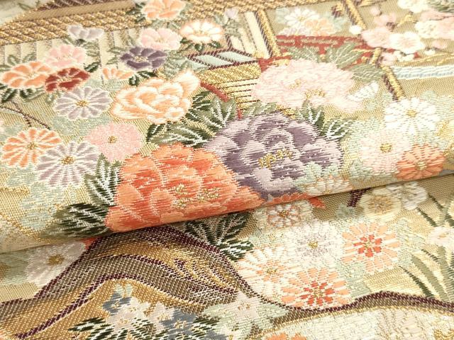 平和屋本店▼六通柄袋帯　唐織　扇面花園絵巻　本金箔　正絹　逸品　DABJ6109sf