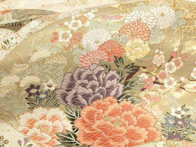 平和屋本店▼六通柄袋帯　唐織　扇面花園絵巻　本金箔　正絹　逸品　DABJ6109sf