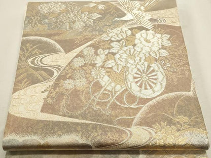 平和屋本店▼六通柄袋帯　花車流扇　純金二重引24金　正絹　逸品　DABJ6154sf