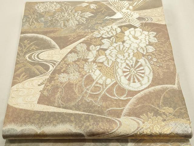 平和屋本店▼六通柄袋帯　花車流扇　純金二重引24金　正絹　逸品　DABJ6154sf