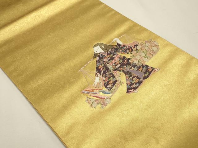 平和屋本店●西陣　長嶋成織物　ながしま帯　加賀友禅の巨匠　初代　由水十久　太鼓柄袋帯　花売り　本金箔　瀞金錦　正絹　逸品　DABJ6155sf