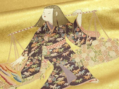 平和屋本店●西陣　長嶋成織物　ながしま帯　加賀友禅の巨匠　初代　由水十久　太鼓柄袋帯　花売り　本金箔　瀞金錦　正絹　逸品　DABJ6155sf