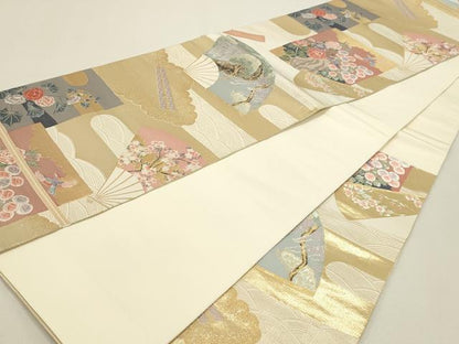 平和屋本店▼六通柄袋帯　唐織　九百錦　扇面草花文　純金箔　正絹　逸品　DABJ6162sf