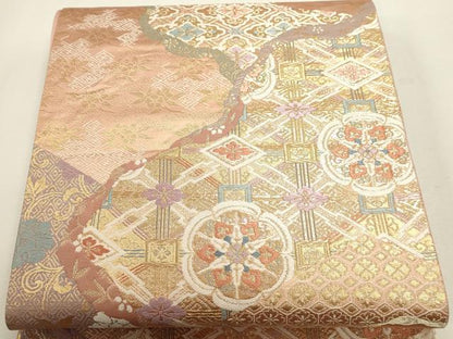 平和屋本店▼六通柄袋帯　唐織　道長正倉院花文　本金箔二重織　正絹　逸品　DABJ6171sf