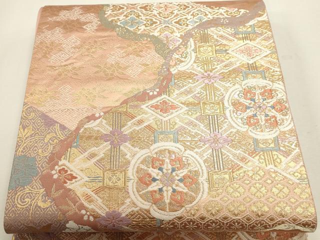 平和屋本店▼六通柄袋帯　唐織　道長正倉院花文　本金箔二重織　正絹　逸品　DABJ6171sf