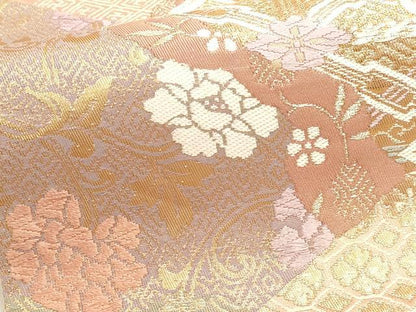 平和屋本店▼六通柄袋帯　唐織　道長正倉院花文　本金箔二重織　正絹　逸品　DABJ6171sf