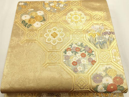 平和屋本店▼六通柄袋帯　唐織　天井四季の華　本金箔　正絹　逸品　DABJ6173sf