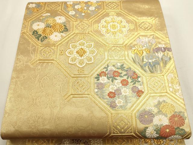 平和屋本店▼六通柄袋帯　唐織　天井四季の華　本金箔　正絹　逸品　DABJ6173sf