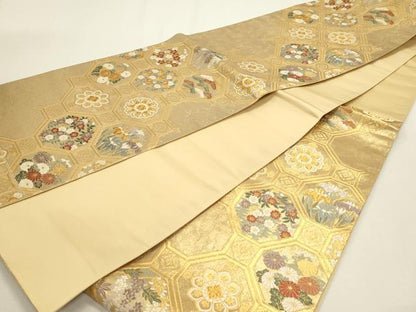 平和屋本店▼六通柄袋帯　唐織　天井四季の華　本金箔　正絹　逸品　DABJ6173sf