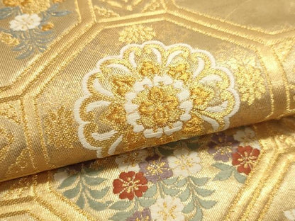 平和屋本店▼六通柄袋帯　唐織　天井四季の華　本金箔　正絹　逸品　DABJ6173sf