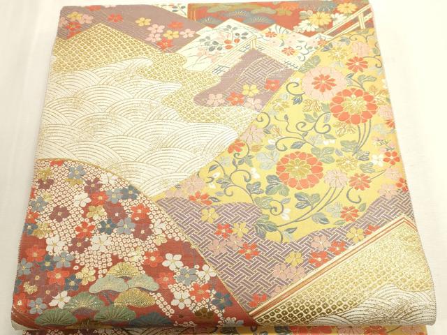平和屋本店▼伝統工芸士　平田藤三郎　六通柄袋帯　紹巴　草花文　本金箔　正絹　逸品　DABJ6183sf