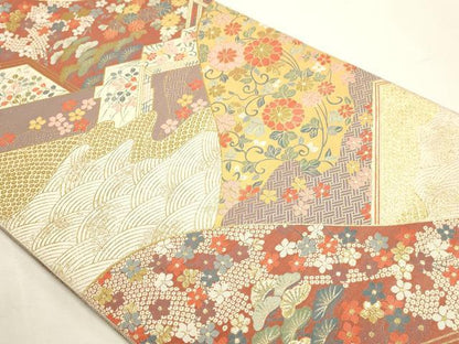 平和屋本店▼伝統工芸士　平田藤三郎　六通柄袋帯　紹巴　草花文　本金箔　正絹　逸品　DABJ6183sf