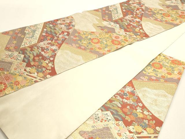 平和屋本店▼伝統工芸士　平田藤三郎　六通柄袋帯　紹巴　草花文　本金箔　正絹　逸品　DABJ6183sf