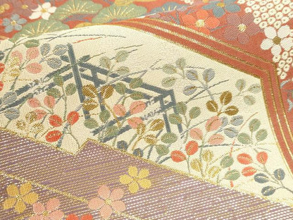 平和屋本店▼伝統工芸士　平田藤三郎　六通柄袋帯　紹巴　草花文　本金箔　正絹　逸品　DABJ6183sf