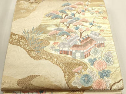 平和屋本店▼六通柄袋帯　唐織　風景草花文　純金箔　正絹　逸品　DABJ6184sf
