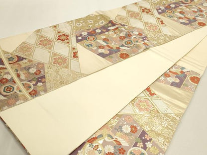平和屋本店▼六通柄袋帯　唐織　飛鶴花文　本金箔　正絹　逸品　DABJ6186sf