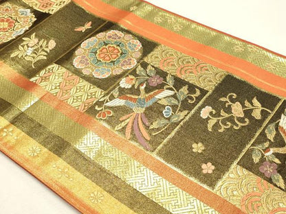 平和屋本店▼六通柄袋帯　唐織　献上変り市松華紋　本金箔　正絹　逸品　DABJ6202sf