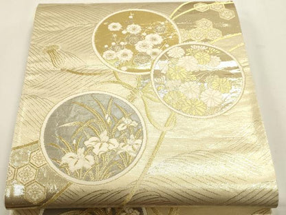 平和屋本店▼六通柄袋帯　草花丸文　プラチナ本金箔織　正絹　逸品　DABJ6208sf