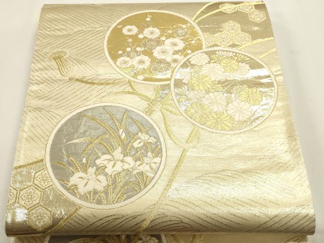 平和屋本店▼六通柄袋帯　草花丸文　プラチナ本金箔織　正絹　逸品　DABJ6208sf