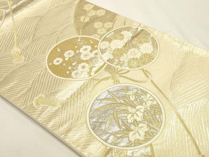 平和屋本店▼六通柄袋帯　草花丸文　プラチナ本金箔織　正絹　逸品　DABJ6208sf