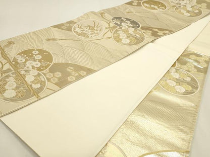 平和屋本店▼六通柄袋帯　草花丸文　プラチナ本金箔織　正絹　逸品　DABJ6208sf